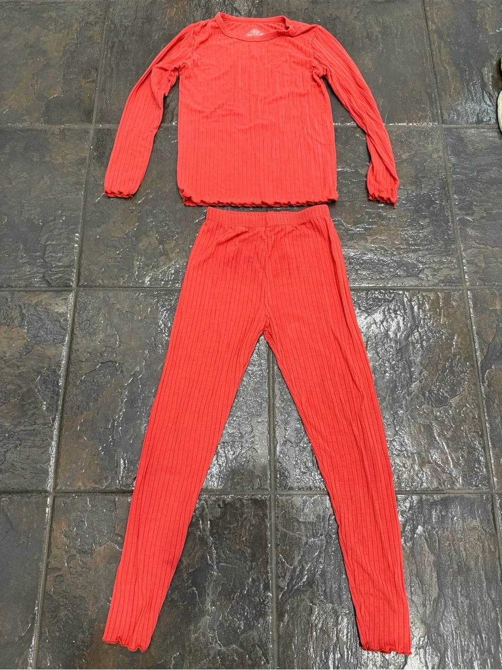 Girls Red Ribbed Long Sleeve Top Leggings Matching Lounge Set Size 5-6
